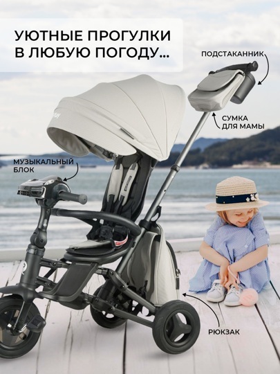 Складной трехколесный велосипед Qplay S700-17 RIDER SM Grey (Rub Graphite) (муз.панель)