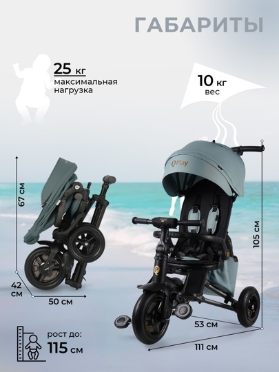 Складной трехколесный велосипед Qplay S702 RIDER MAX / Mint (Oxford Graphite)