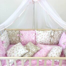 Комплект в кроватку Подушками Дамаск роз-Дамаск кофе-Цветочки 08.0 (18 предметов)