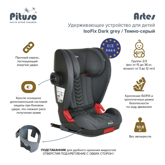 Автокресло Pituso ARTES isofix 15-36 кг Dark grey