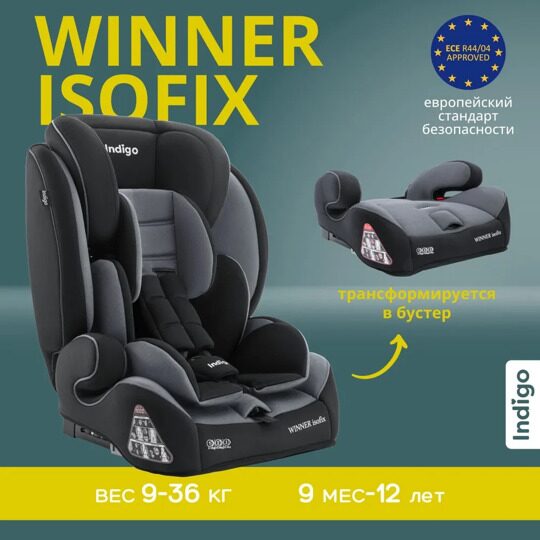 Автокресло Indigo WINNER ISOFIX 1+2+3 (9-36 кг) / YB706B черный-серый