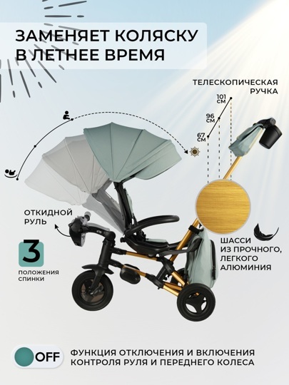 Складной трехколесный велосипед Qplay S700-17 RIDER SM Mint (Rub/Gold) (муз.панель)