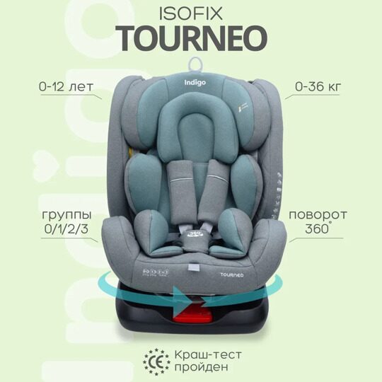 Автокресло Indigo TOURNEO isofix 0+1+2+3 (0-36 кг) / серо-зеленый