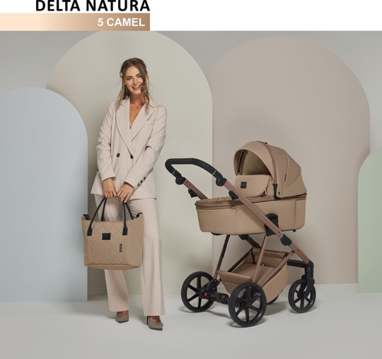 Коляска Adamex DELTA NATURA 3 в 1 / DN-5-CAMEL (Темно-бежевая ткань-темно-бежевая рама)