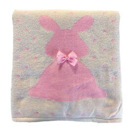 Одеяло-плед вязаный Mam-Baby Зайка с бантиком 95*95 без наполнителя белый/розовый