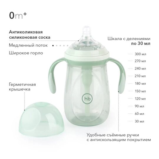 Антиколиковая бутылочка Happy Baby 0+ с ручками 10020 300 мл. / olive
